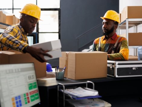 Warehouse employees putting packed boxes on counter desk ready for shipment. African american e commerce retail storehouse managers preparing customer packages for transportation